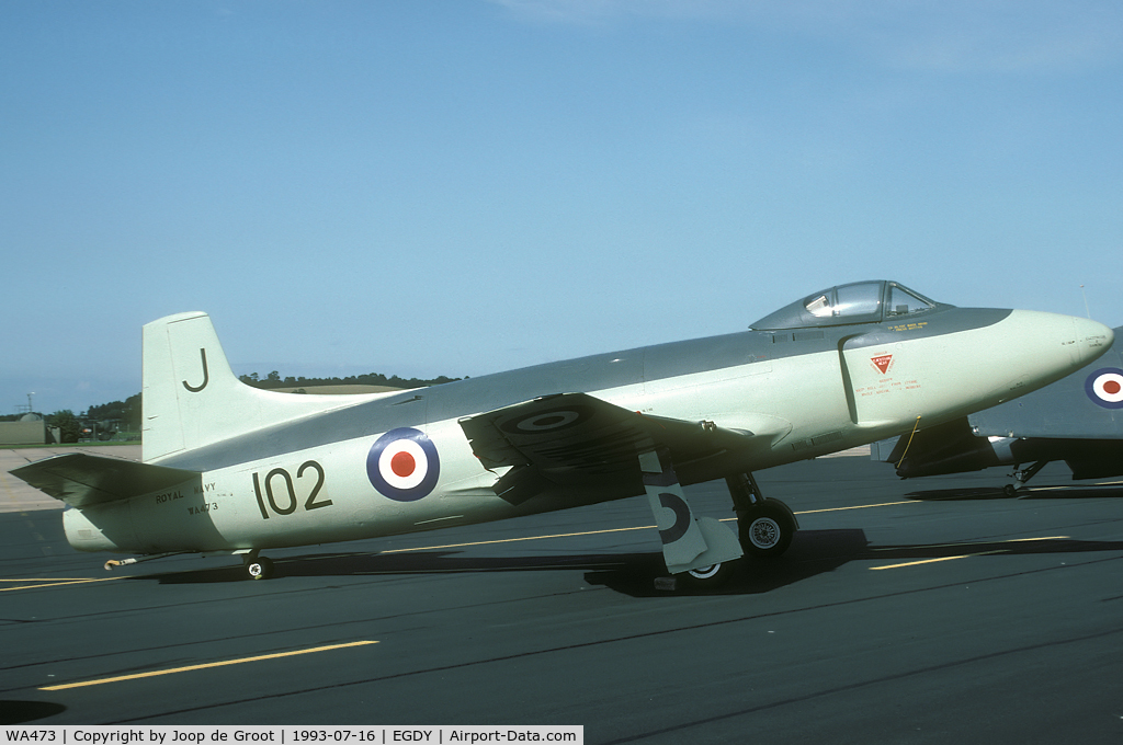 WA473, Supermarine Attacker F.1 C/N Not found WA473, The Attacker was one of the aircraft that were rolled outside for the 1993 Yeovilton air show.