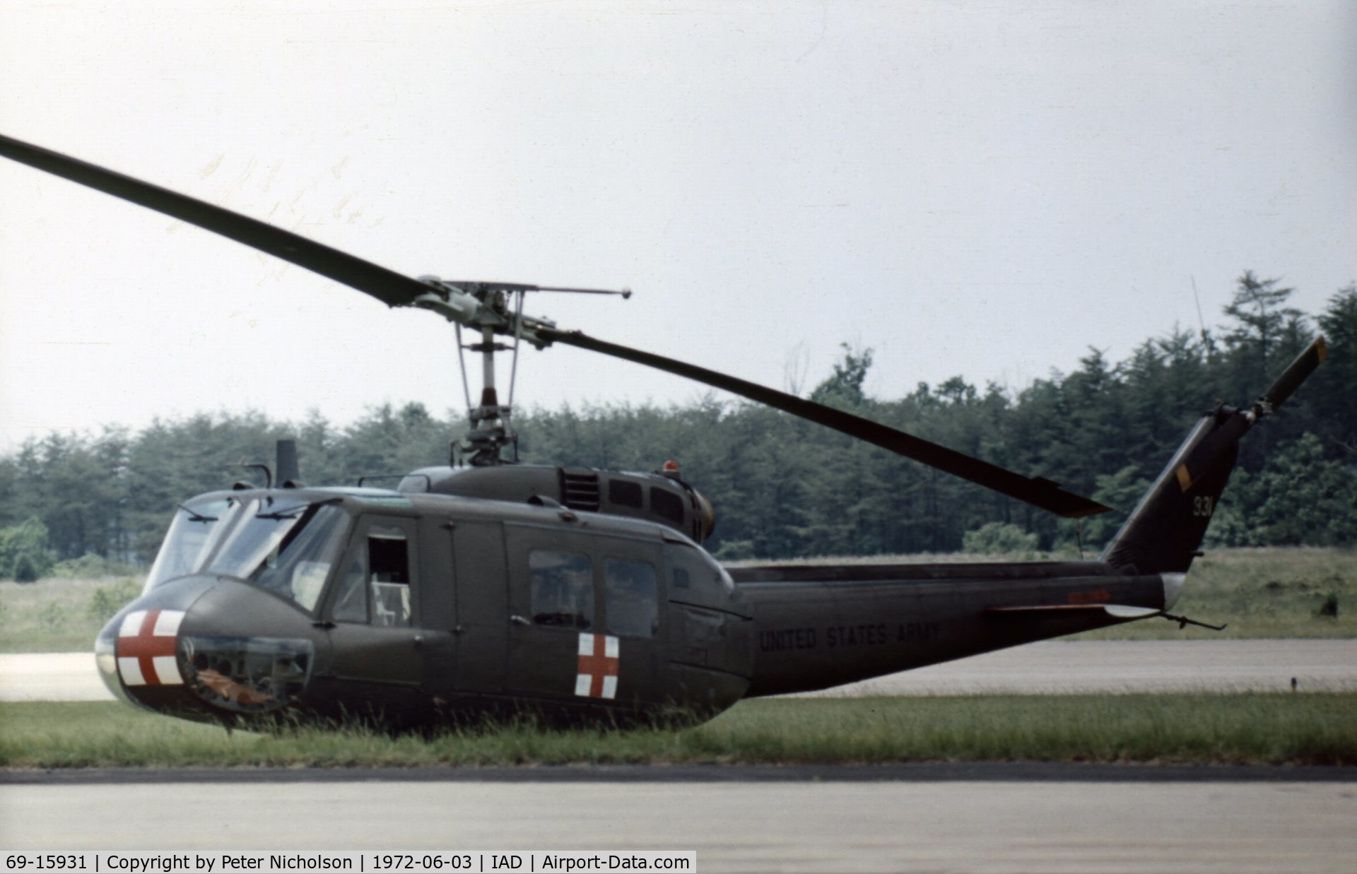 69-15931, 1969 Bell UH-1H Iroquois C/N 12219, This Huey of 212 Med Det at Ft. Meade was part of the emergency cover at Transpo 72 held at Dulles Airport.