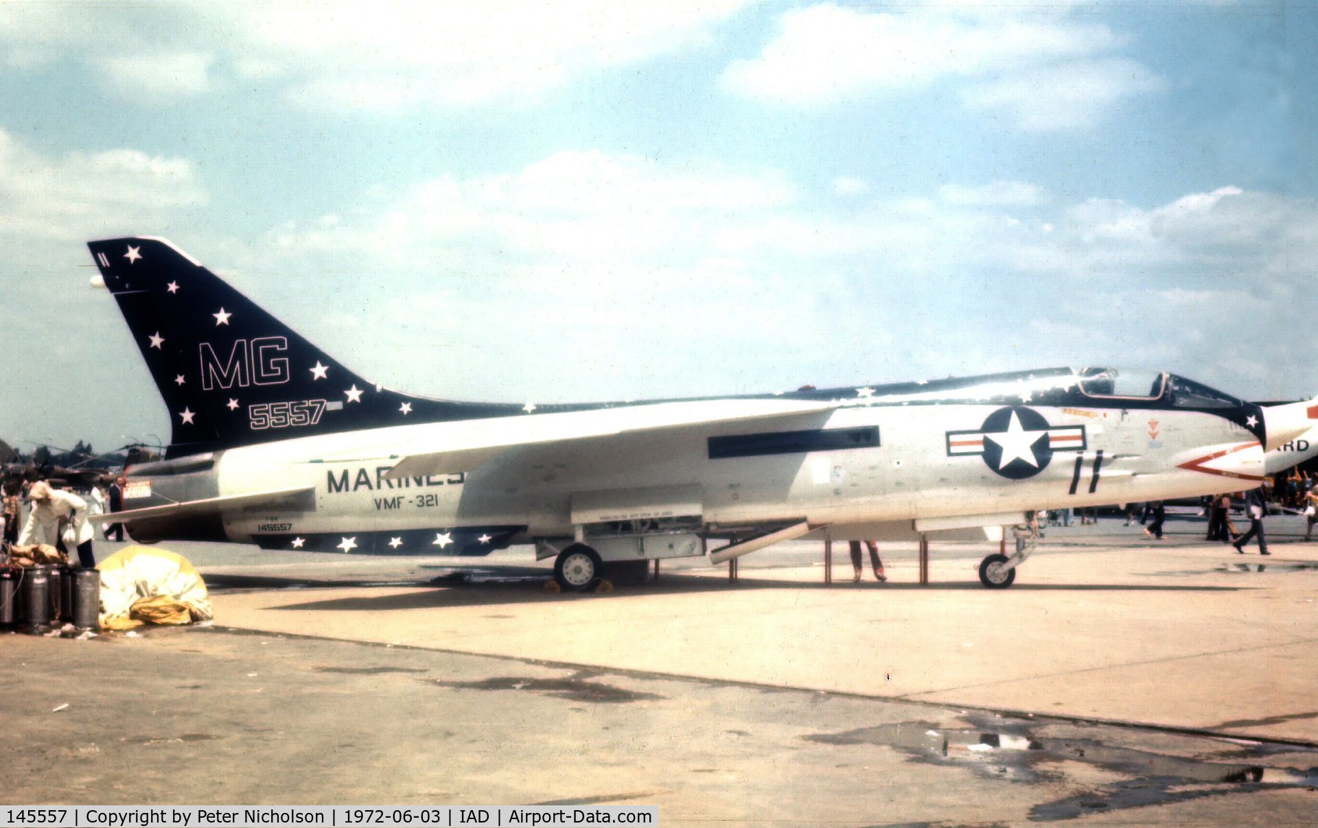 145557, Vought F-8K Crusader C/N 480, Coded MG-11, this VMF-321 Crusader from Andrews AFB was in the static park of Transpo 72 held at Dulles Airport.