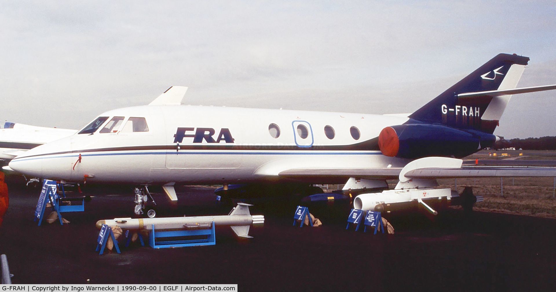 G-FRAH, 1969 Dassault Falcon (Mystere) 20DC C/N 223, Dassault Falcon 20 of FRAviation as high speed taget towing aircraft of FRA at Farnborough International 1990