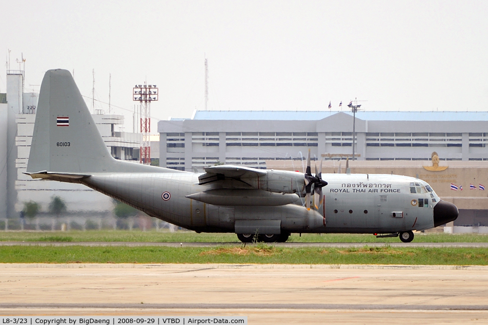 L8-3/23, Lockheed C-130H Hercules C/N 382-4863, Accelerating for take off, propeller blade vortice is clearly visible.