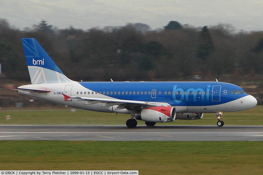 G-DBCK, 2007 Airbus A319-131 C/N 3049, BMI A319 on the roll at Manchester (UK)