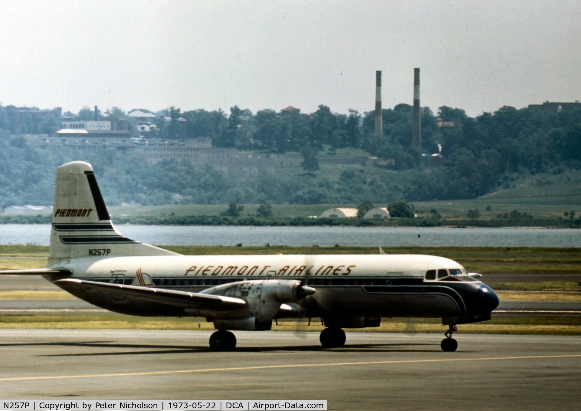 N257P, 1969 Nihon YS-11A-500 C/N 2118, Operated by Piedmont Airlines and named Santee Pacemaker - seen taxying at Washington National in the summer of 1973.