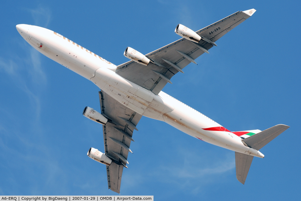 A6-ERQ, 1997 Airbus A340-313X C/N 190, Above Dubai deep blue sky.