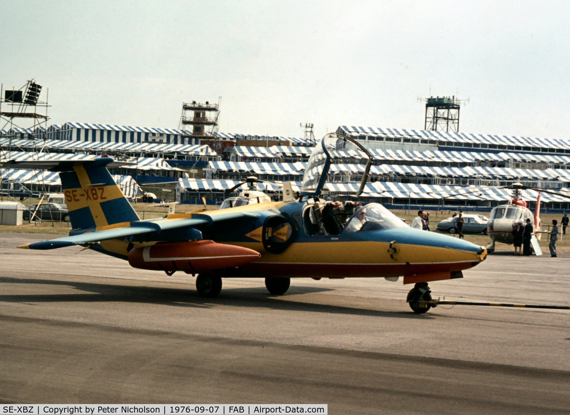 SE-XBZ, 1964 Saab 105XT C/N 105-2, This demonstrator was displayed at the 1976 Farnborough Airshow and is now with Svedinos Museum, Ugglarp, Sweden.
