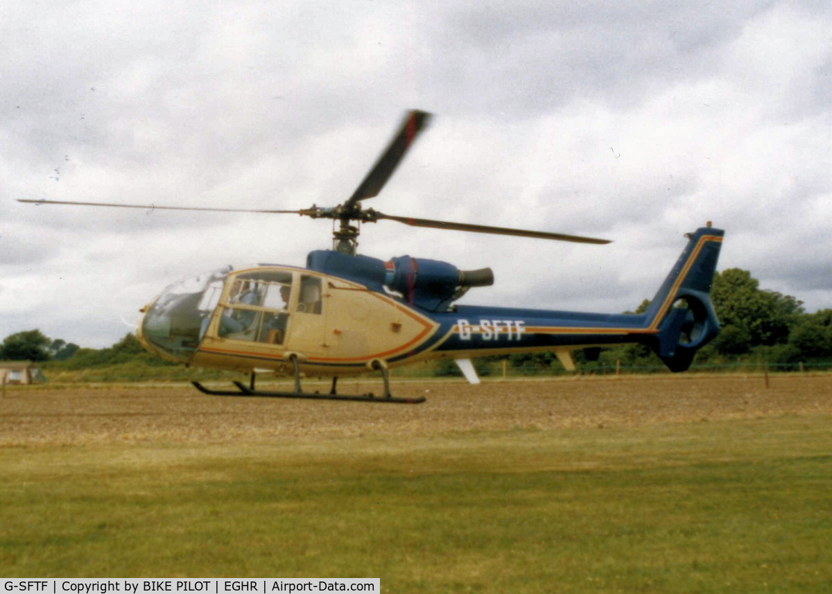 G-SFTF, 1975 Aérospatiale SA-341G Gazelle C/N 1262, SEEN AT GOODWOOD AIRSHOW 1986, DURING THE DAY I TOOK A SHORT RIDE IN THIS A/C SITTING IN THE REAR SEAT IN THE MIDDLE, UNCOMFORTABLE AND CLAUSTROPHOBIC WITH LITTLE TO SEE