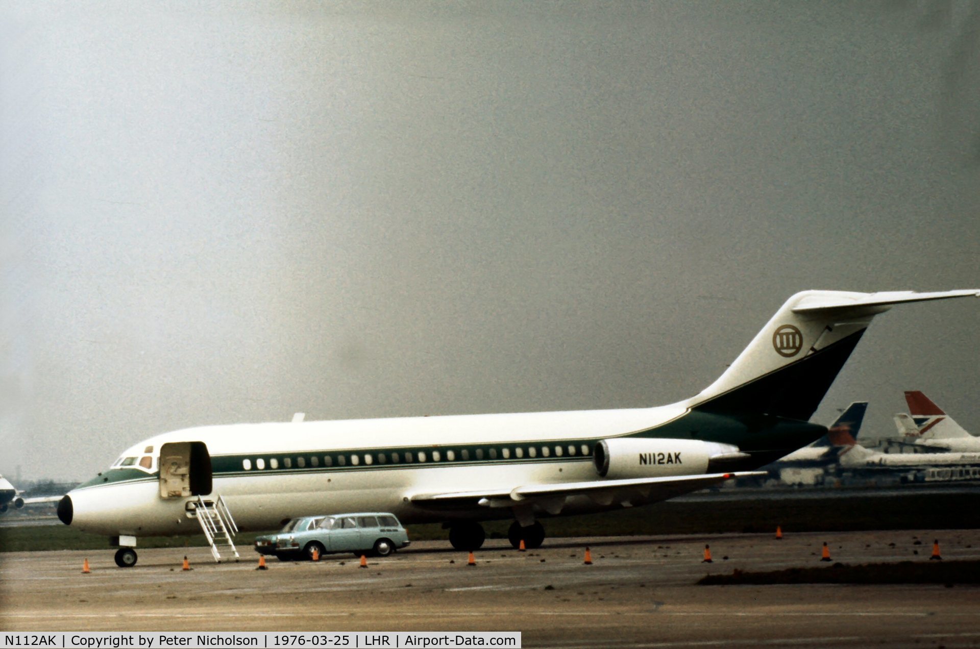 N112AK, 1968 Douglas DC-9-15 C/N 47151, Operated by Adnan Kashhoggi-Triad/American Capital Aviation and seen at London Heathrow in the Spring of 1976.