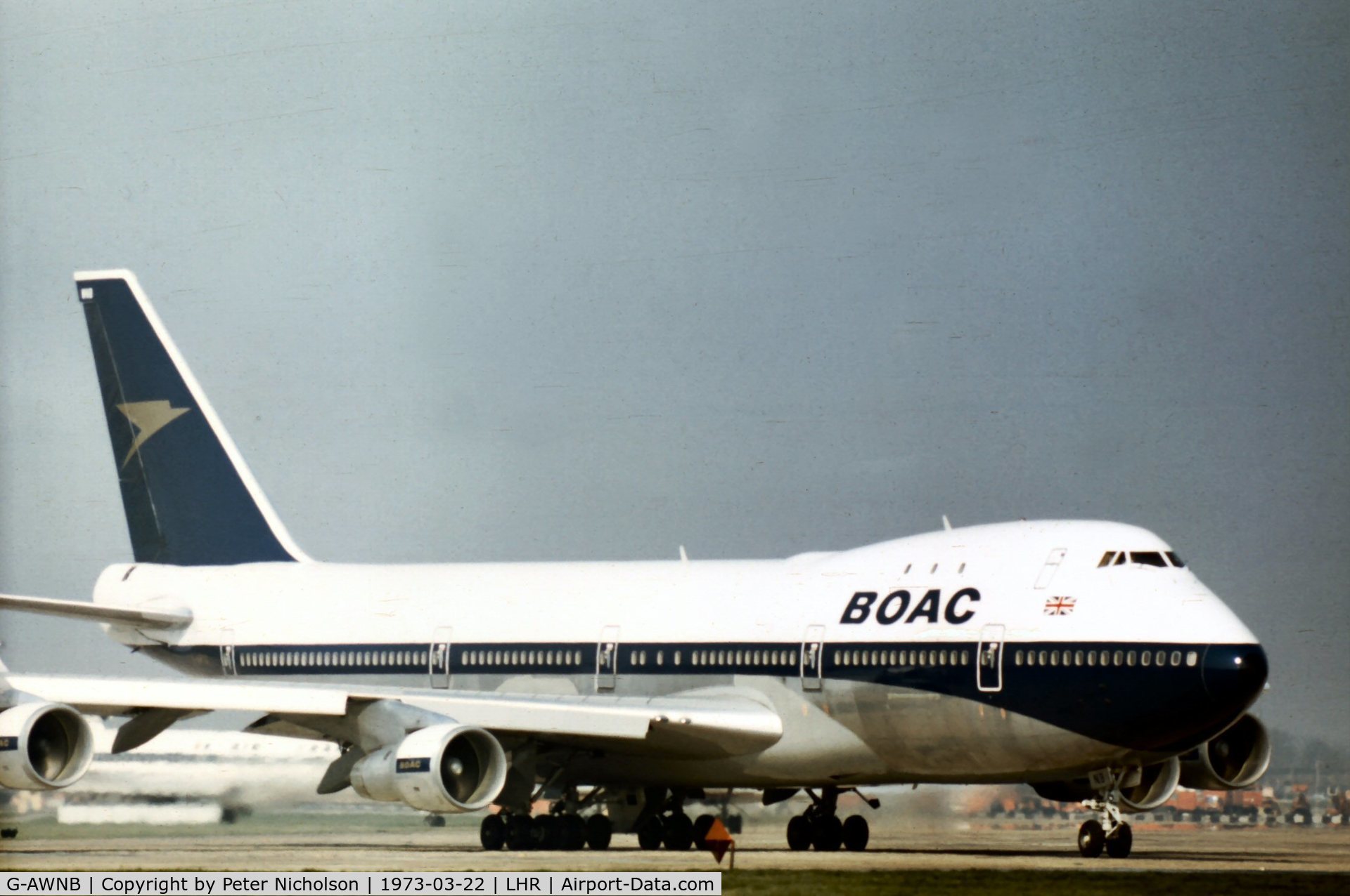 G-AWNB, 1970 Boeing 747-136 C/N 19762, BOAC flight departing London Heathrow in the Spring of 1973.