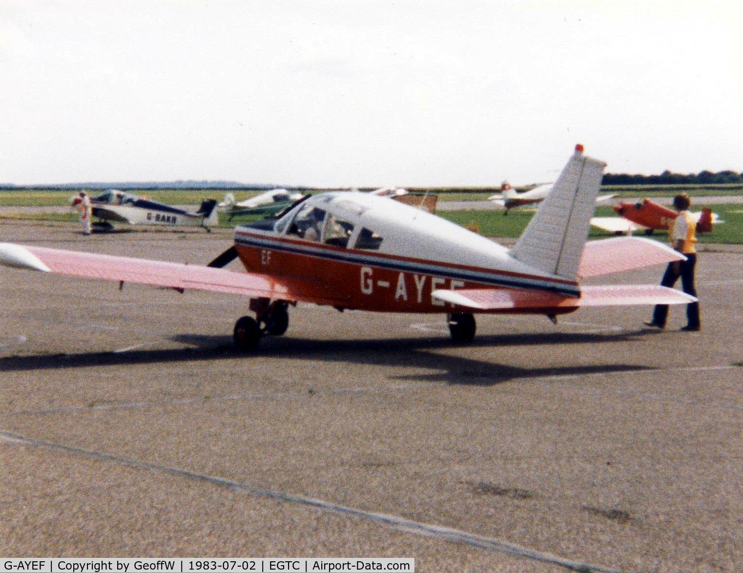 G-AYEF, 1970 Piper PA-28-180 Cherokee C/N 28-5815, PA-28 Cherokee 180 G-AYEF in the colours of The College of Air Training at Hamble attending the 1983 PFA Rally at Cranfield