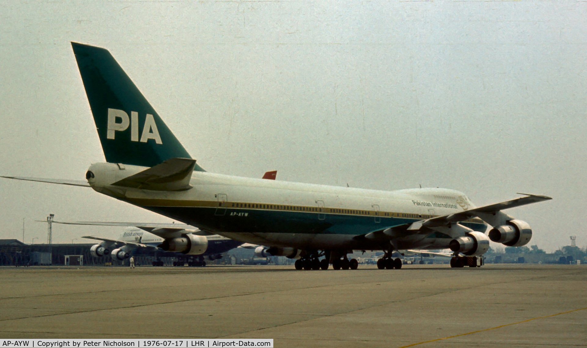 AP-AYW, 1975 Boeing 747-282B C/N 21035, In service with Pakistan International Airlines as seen at London Heathrow in the Summer of 1976.