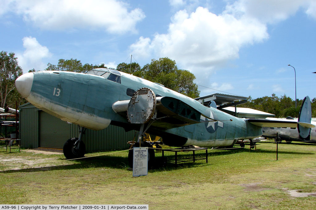 A59-96, 1944 Lockheed PV-1 Ventura (237-27-01) C/N 237-6371, At the Queensland Air Museum, Calondra, Australia - A very short working life , built 1944 for US Navy as BU49555, To Australia, damaged 1945, authorised write off 1946 - many years in storage including being used for pig food storage