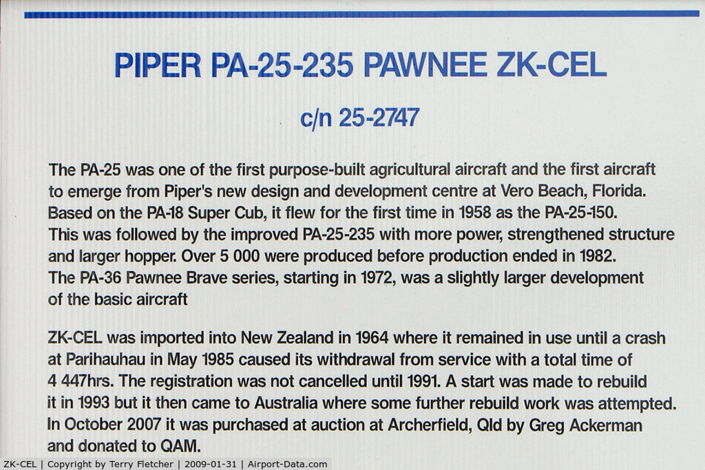 ZK-CEL, 1964 Piper PA-25-235 Pawnee C/N 25-2747, At the Queensland Air Museum, Caloundra, Australia - Piper Pawnee - potted history