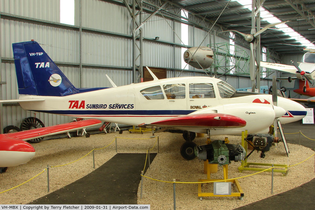 VH-MBX, 1967 Piper PA-23-250 Aztec C/N 27-2007, At the Queensland Air Museum, Caloundra, Australia - This Aztec was actually VH-MBX before being preserved in the colours of TAA Sunbird with the false registration of VH-TGP