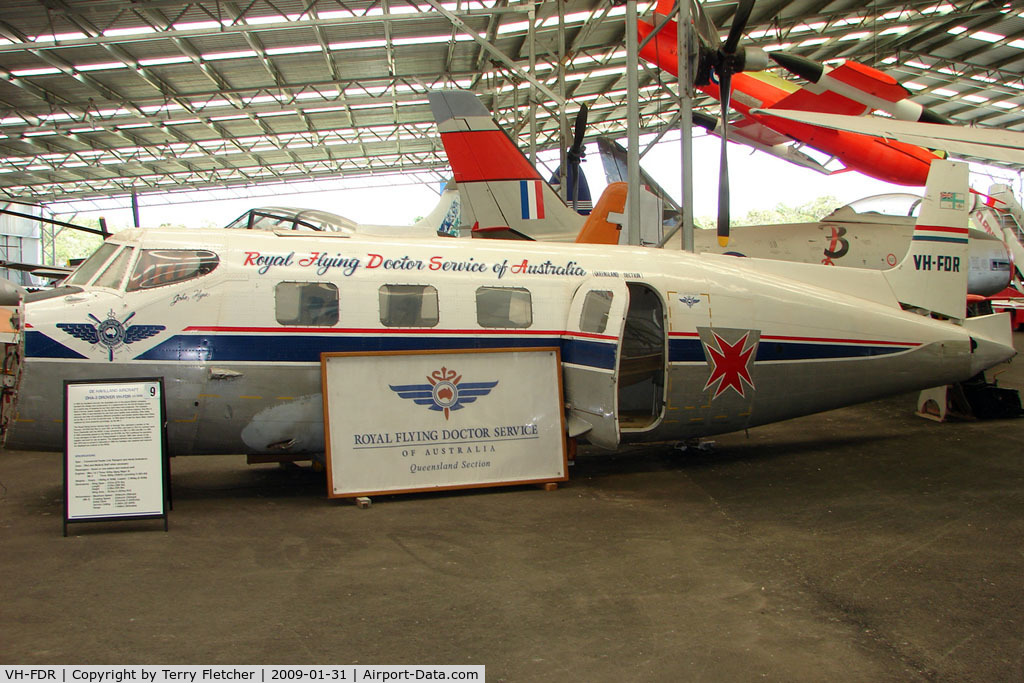 VH-FDR, 1951 De Havilland Australia DHA-3 Drover Mk1 C/N DHA5006, At the Queensland Air Museum, Caloundra, Australia -this Drover that was built in 1951 operated for the Royal Flying Doctor service - Damaged in a windstorm in 1966