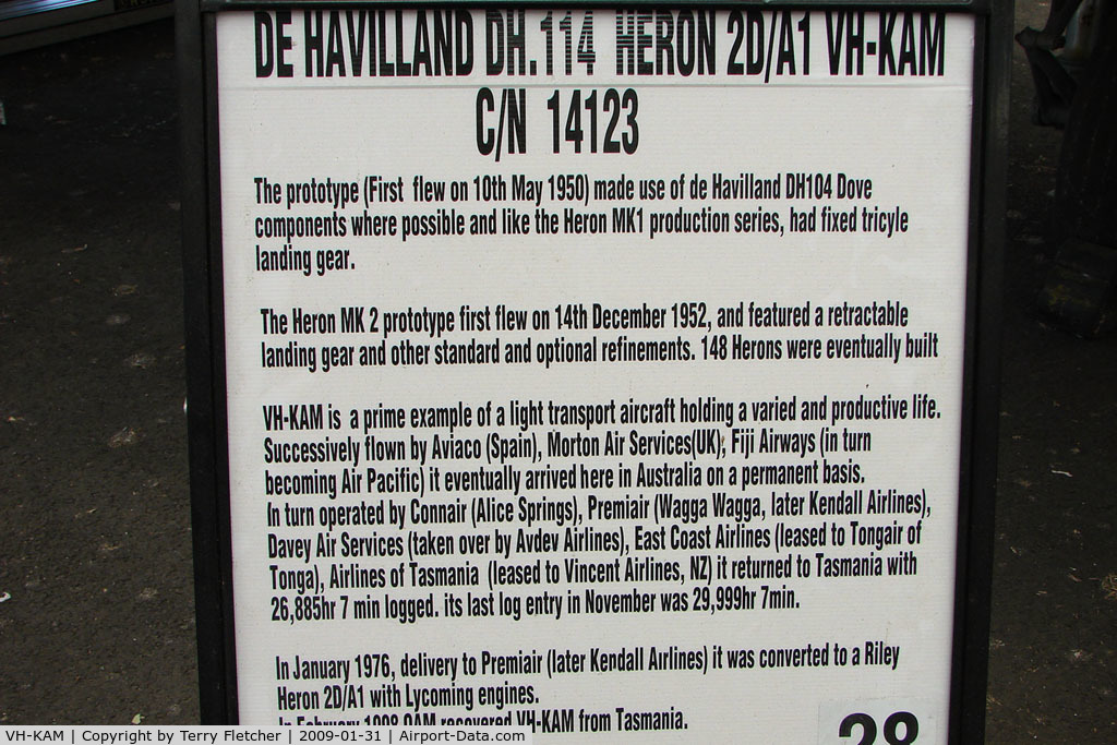 VH-KAM, 1957 De Havilland DH-114 Heron 2D C/N 14123, At the Queensland Air Museum, Caloundra, Australia - a potted history of VH-KAM Heron