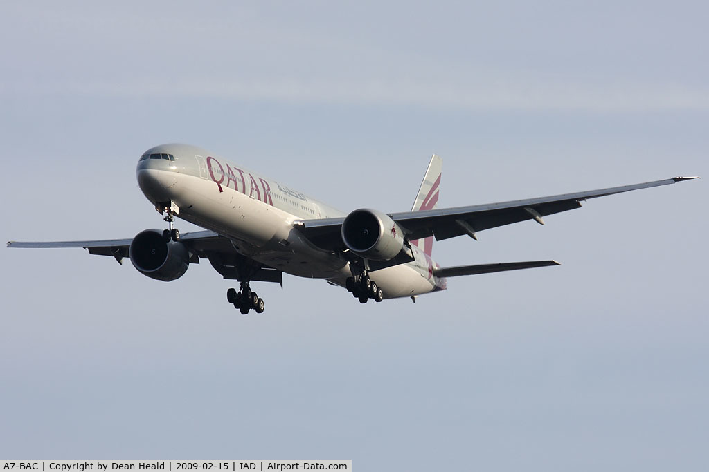 A7-BAC, 2008 Boeing 777-3DZ/ER C/N 36010/731, Qatar Airways A7-BAC (FLT QTR51) from Doha Int'l (OTBD), Qatar on short-final to RWY 1R.