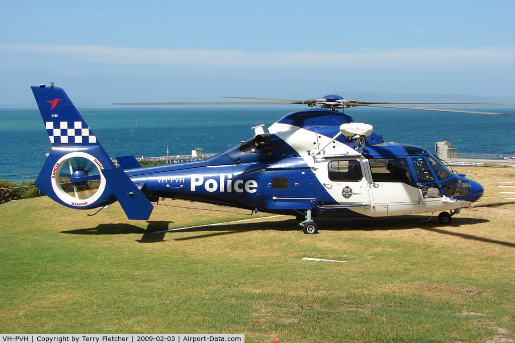 VH-PVH, 2001 Eurocopter AS-365N-3 Dauphin 2 C/N 6604, Essendon based Police Eurocopter on training exercise - using Southern Peninsula rescue Helipad at Sorrento as its base for the day