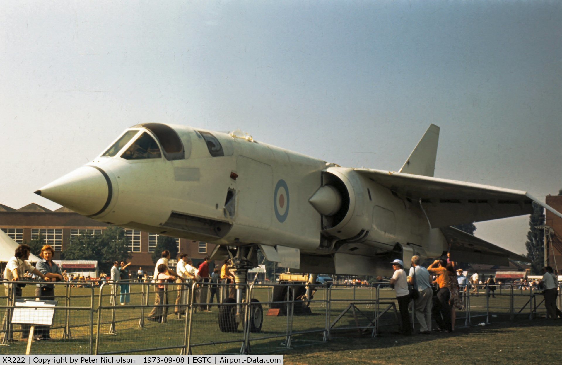 XR222, 1964 BAC TSR-2 C/N XO-4, TSR.2 of the Cranfield Institute of Technology displayed at the 1973 Cranfield Business & Light Aviation Show.