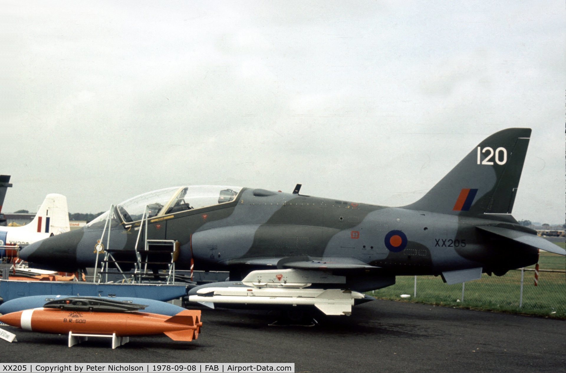 XX205, 1978 Hawker Siddeley Hawk T.1 C/N 052/312052, Before conversion to the T.1A model, this Hawk T.1 was serving with the Tactical Weapons Unit and coded 120 when displayed at the 1978 Farnborough Air Show.