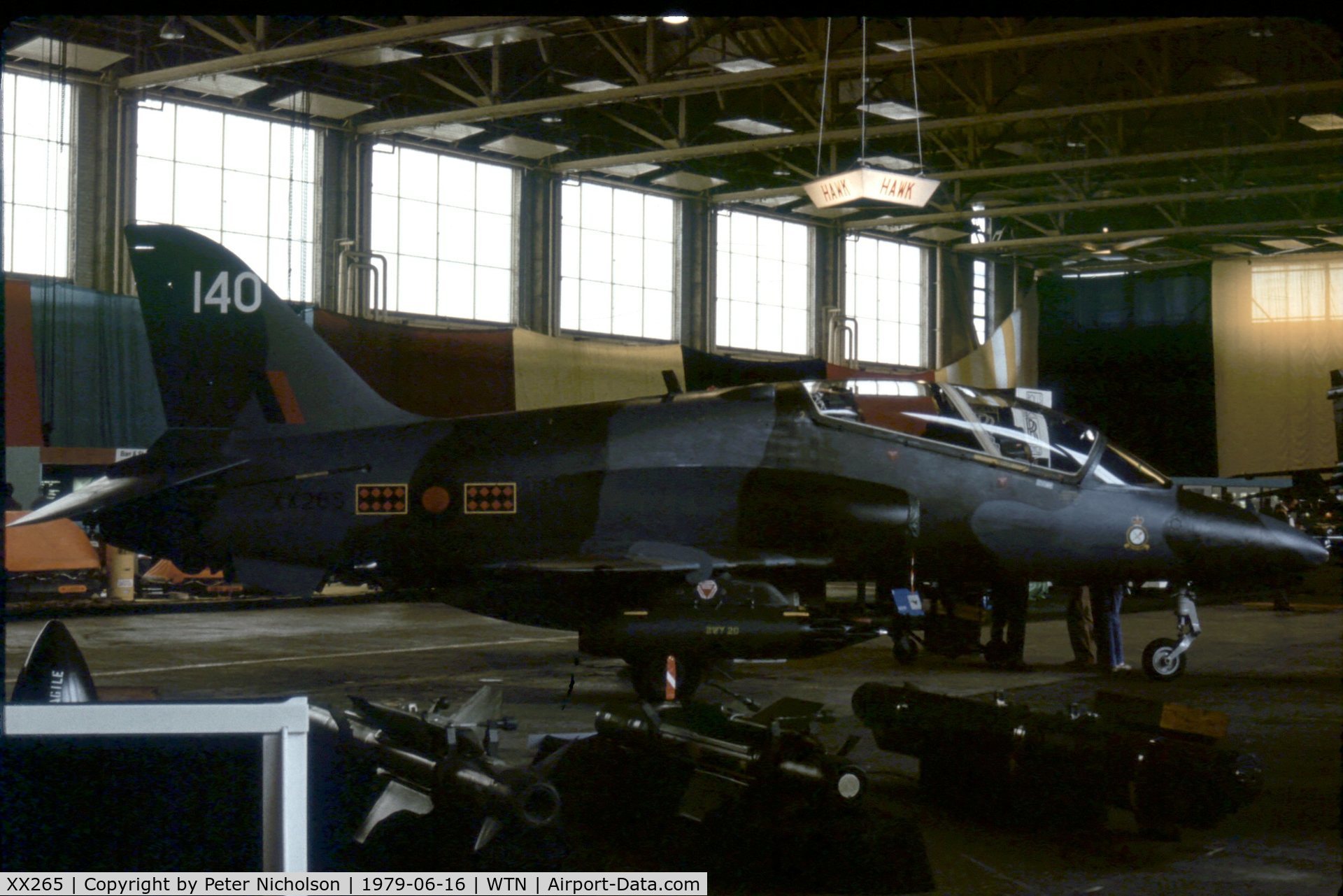 XX265, 1979 Hawker Siddeley Hawk T.1 C/N 101/312101, Prior to conversion to T.1A, as a Hawk T.1 this aircraft served with 234 Squadron/1 Tactical Weapons Unit as displayed here at the 1979 Waddington Air Show.