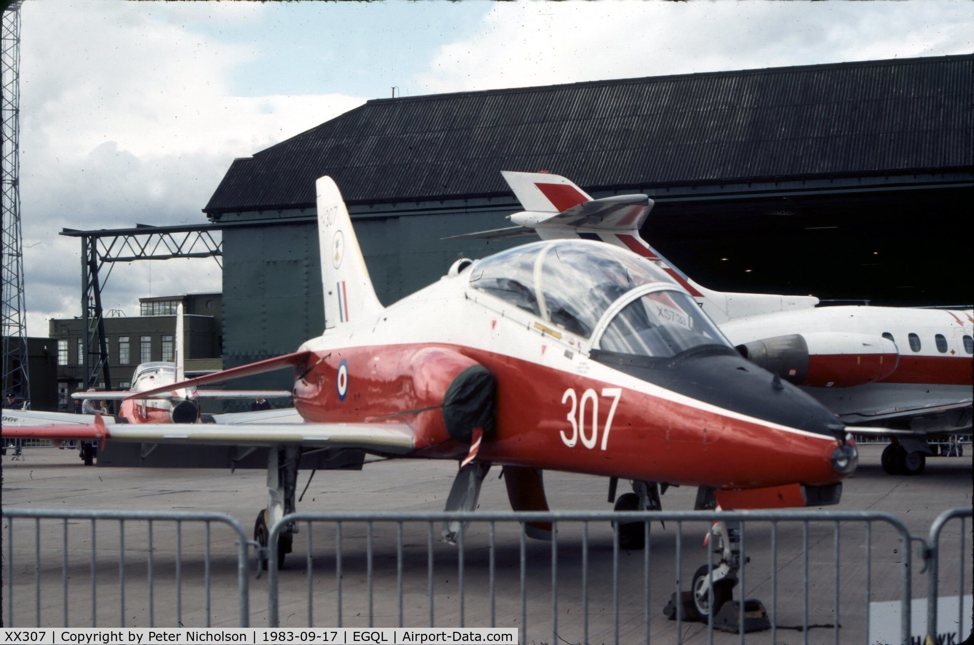 XX307, 1980 Hawker Siddeley Hawk T.1A C/N 141/312132, Prior to Red Arrows service as a Hawk T.1A, this aircraft served as a T.1 with 4 Flying Training School and was on display at the 1983 Leuchars Air Show.
