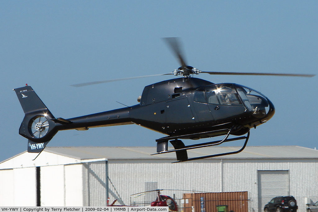 VH-YWY, 2007 Eurocopter EC-120B Colibri C/N 1470, EC120B lifts off at Moorabbin