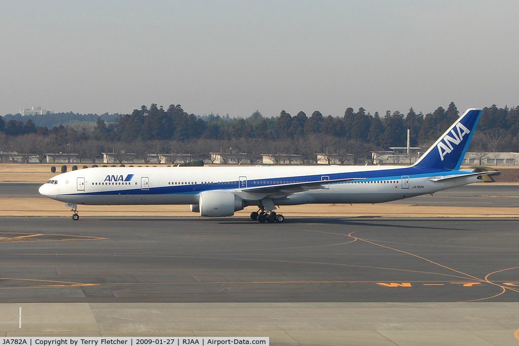 JA782A, 2007 Boeing 777-381/ER C/N 33416/691, ANA B777 arrives Narita