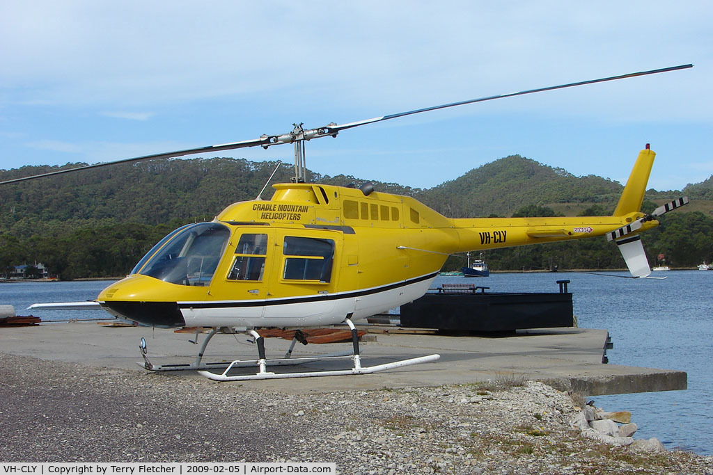 VH-CLY, 1995 Bell 206B-3 JetRanger III C/N 4364, Cradle Mountains Bell 206 rests on the Strahan Harbour Helipad