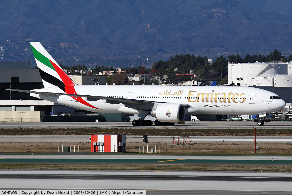 A6-EWG, 2008 Boeing 777-21H/LR C/N 35578, Emirates A6-EWG (FLT UAE215) taxiing to the Tom Bradley International Terminal after arrival from Dubai Int'l (OMDB).