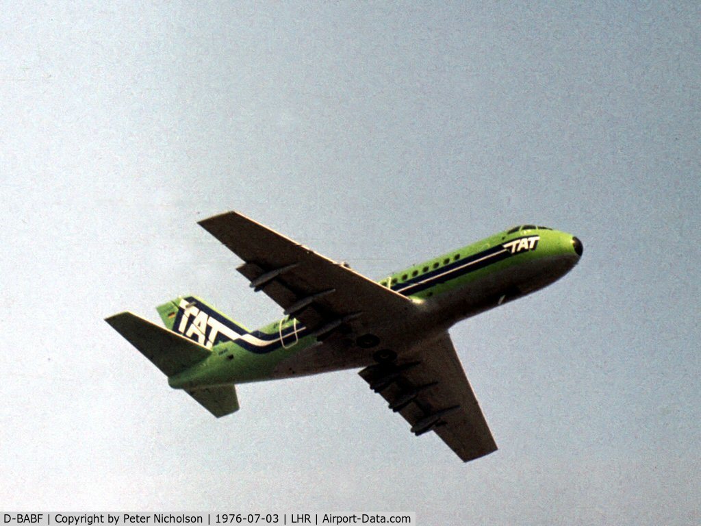 D-BABF, VFW-Fokker VFW-614 C/N G06, Tourainne Air Transport operated this short-haul airliner in 1976 as seen climbing out of London Heathrow.