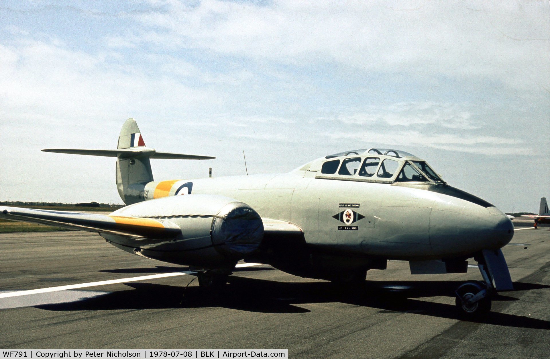 WF791, 1951 Gloster Meteor T.7 C/N 15658, Meteor T.7 of the Central Flying School displayed at the 1978 Blackpool Airshow.
