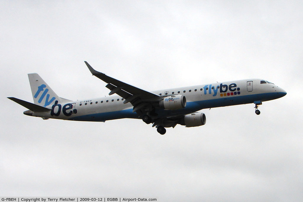 G-FBEH, 2007 Embraer 195LR (ERJ-190-200LR) C/N 19000128, Flybe EMB190 on approach to BHX on a murky morning