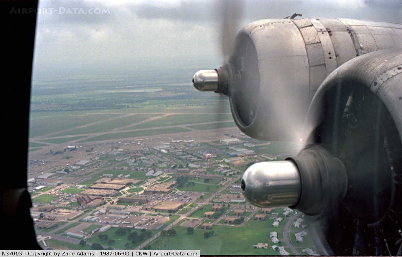 N3701G, 1944 Boeing B-17G Flying Fortress C/N 44-8543A, View from the starboard navigators window on the B-17 Chuckie on downwind for TSTC Waco Airport, 1987