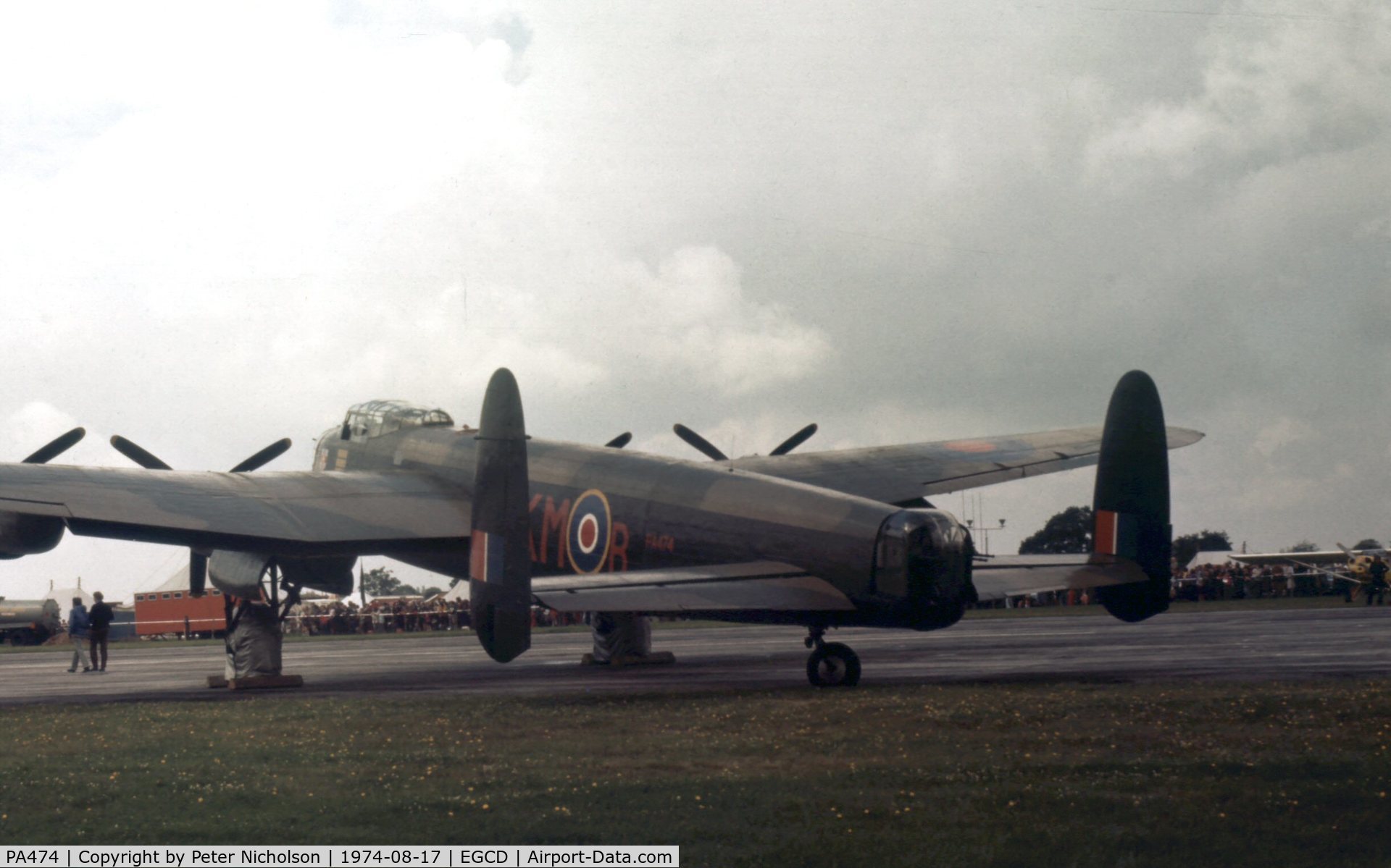 PA474, 1945 Avro 683 Lancaster B1 C/N VACH0052/D2973, The mid-upper gun turret had not been fitted in 1974 when the Battle of Britain Memorial Flight Lancaster displayed at the Woodford Airshow.