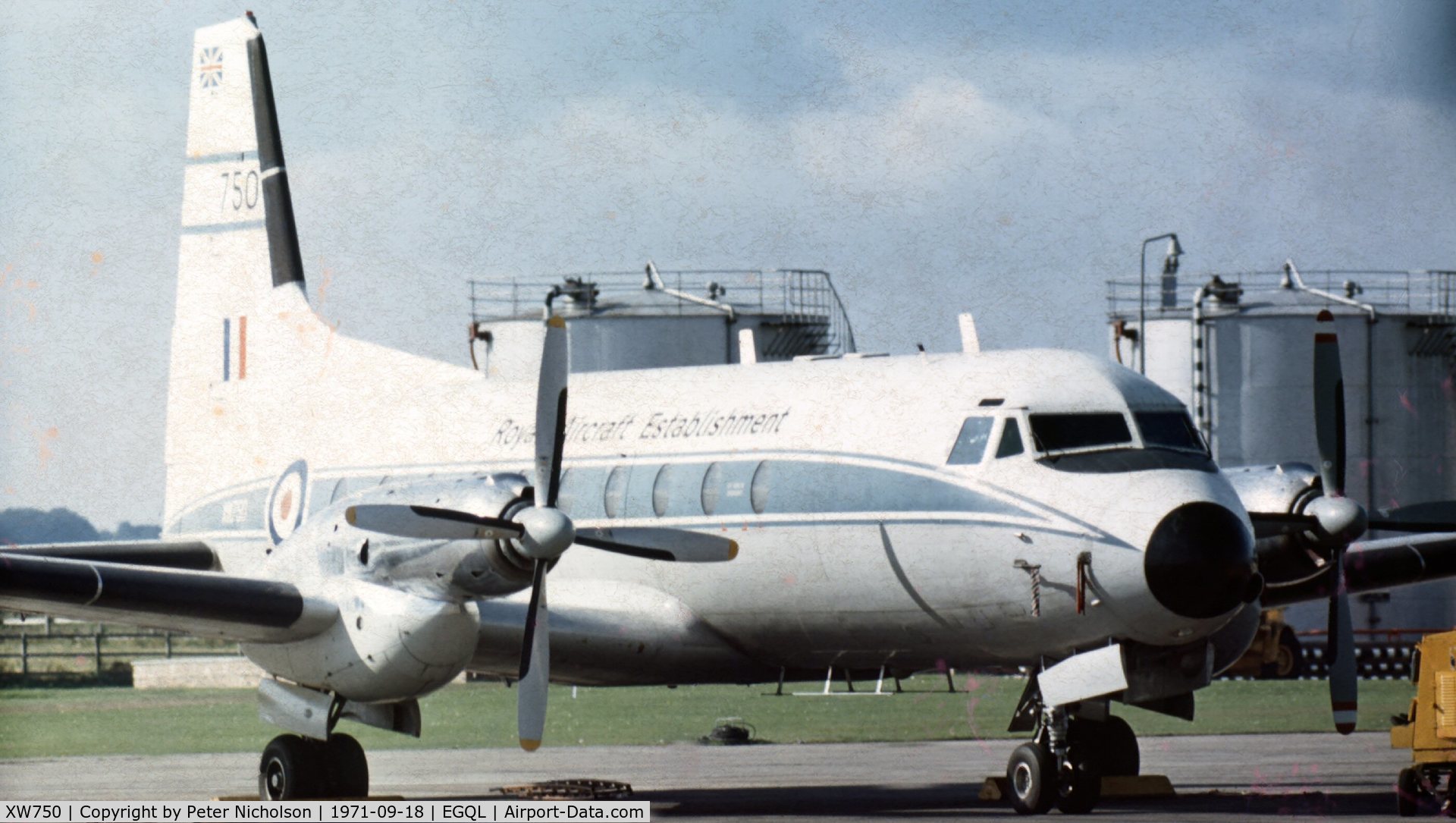 XW750, 1963 Avro 748 Series 1 C/N 1559, HS.748 Series 107 of the Royal Aircraft Establishment at Farnborough attended the 1971 Leuchars Airshow.