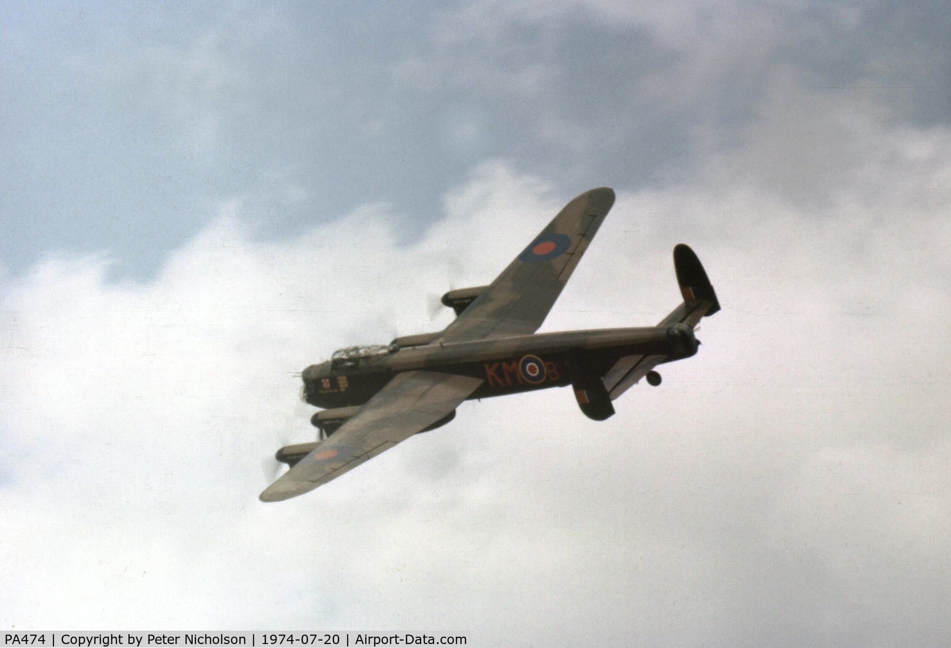 PA474, 1945 Avro 683 Lancaster B1 C/N VACH0052/D2973, The Battle of Britain Memorial Flight Lancaster at the 1974 Leconfield Airshow and clearly showing the mid-upper gunner's turret had not then been fitted.