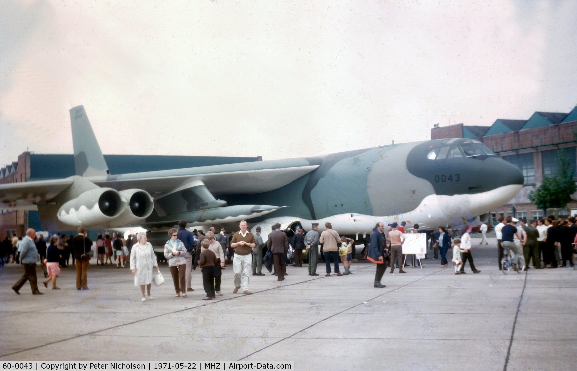 60-0043, 1960 Boeing B-52H Stratofortress C/N 464408, B-52H Stratofortress of 17 Bombardment Wing on display at the 1971 Mildenhall Airshow - complete with two AGM-28 Hound Dog air-to-surface missiles. (my only sighting of these!!)