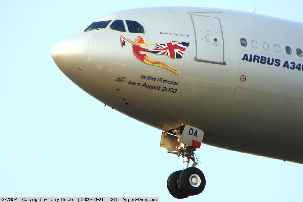 G-VGOA, 2001 Airbus A340-642 C/N 371, Virgin A340 about to land at Heathrow