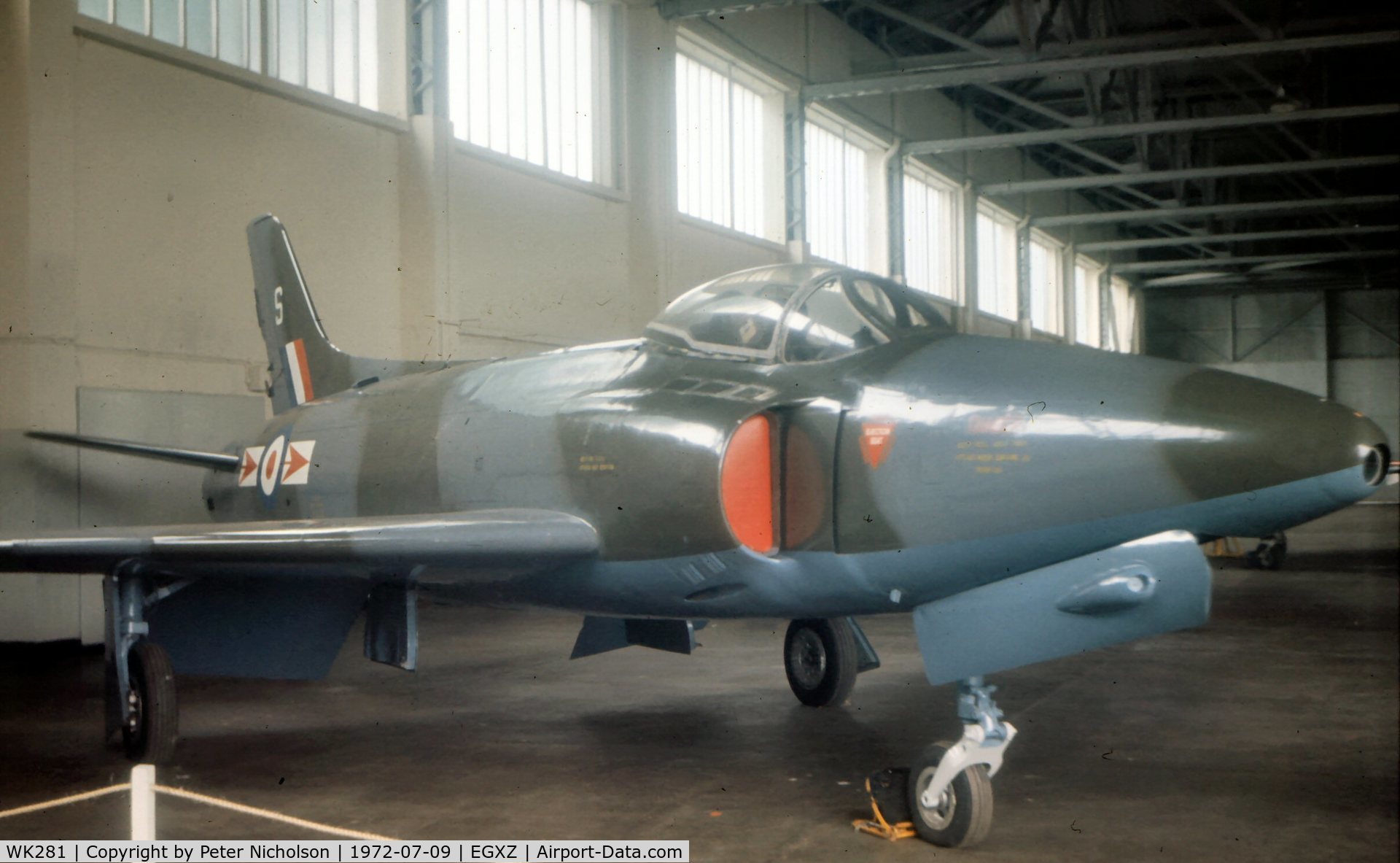 WK281, 1956 Supermarine Swift FR.5 C/N Not found WK281, Swift FR.5 with RAF maintainance serial 7712M hangered at Topcliffe on the 1972 Open Day and now preserved in Tangmere Museum, West Sussex.