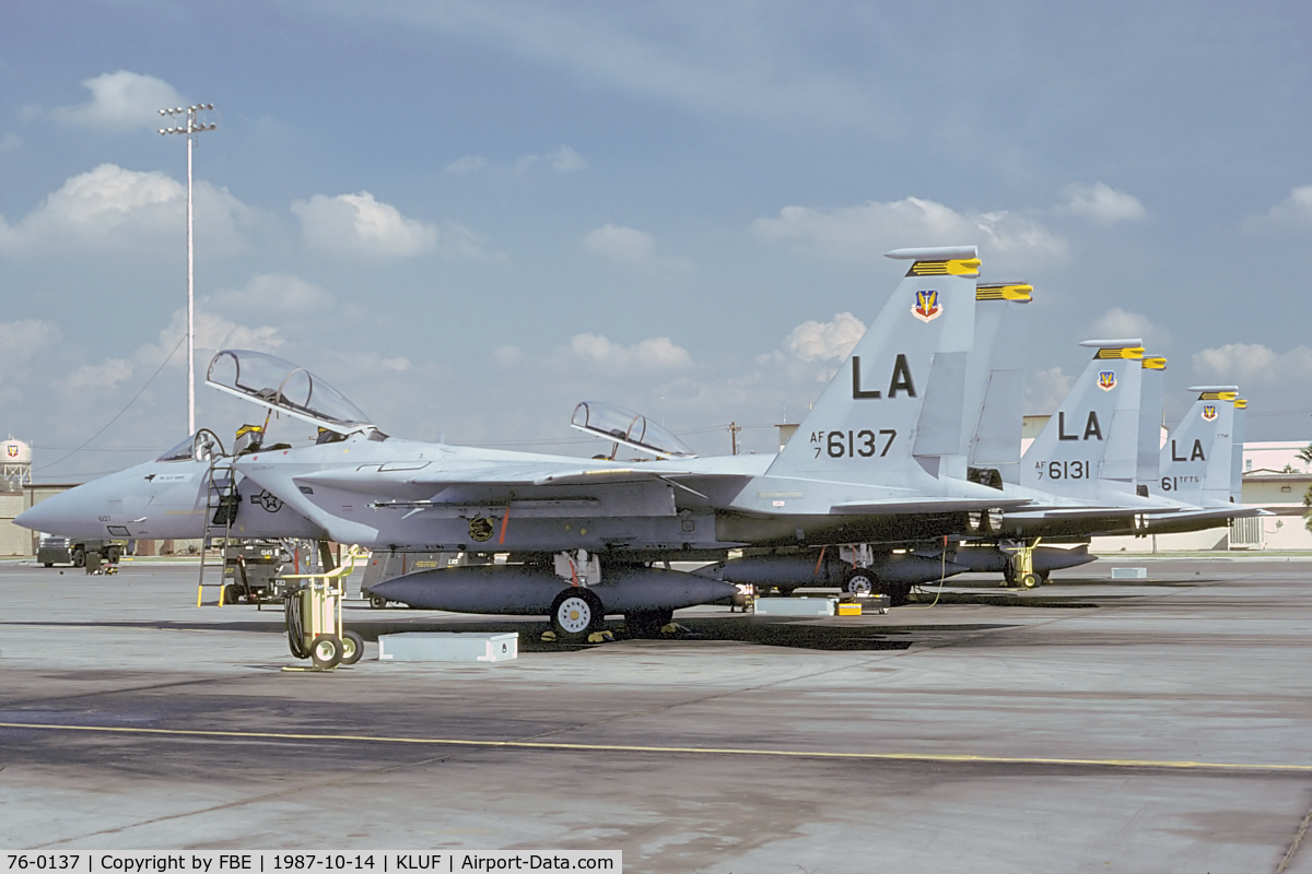 76-0137, McDonnell Douglas F-15B Eagle C/N 0288/B039, flightline scene at Luke AFB (Kodachrome slide scan)