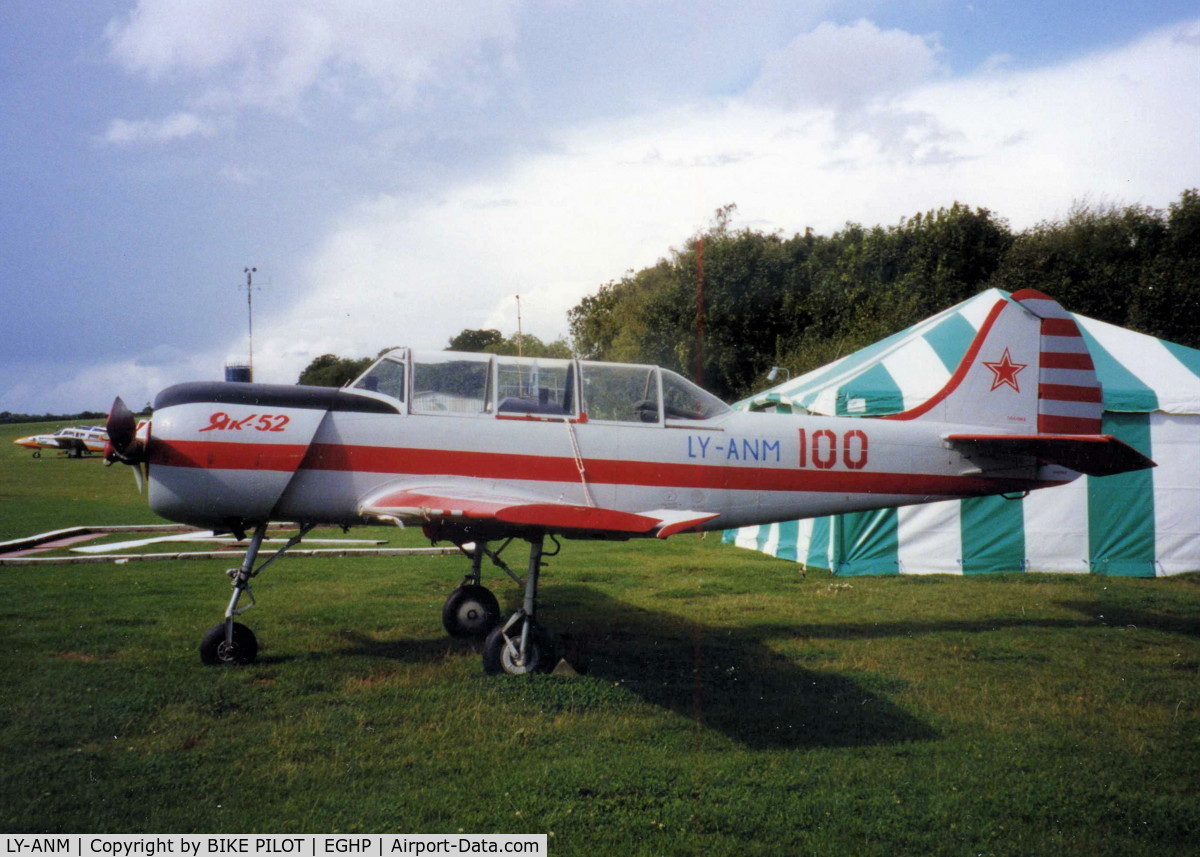 LY-ANM, 1986 Bacau Yak-52 C/N 866904, G-YAKI AT POPHAM IN 1994 PRIOR TO REGISTRATION CHANGE