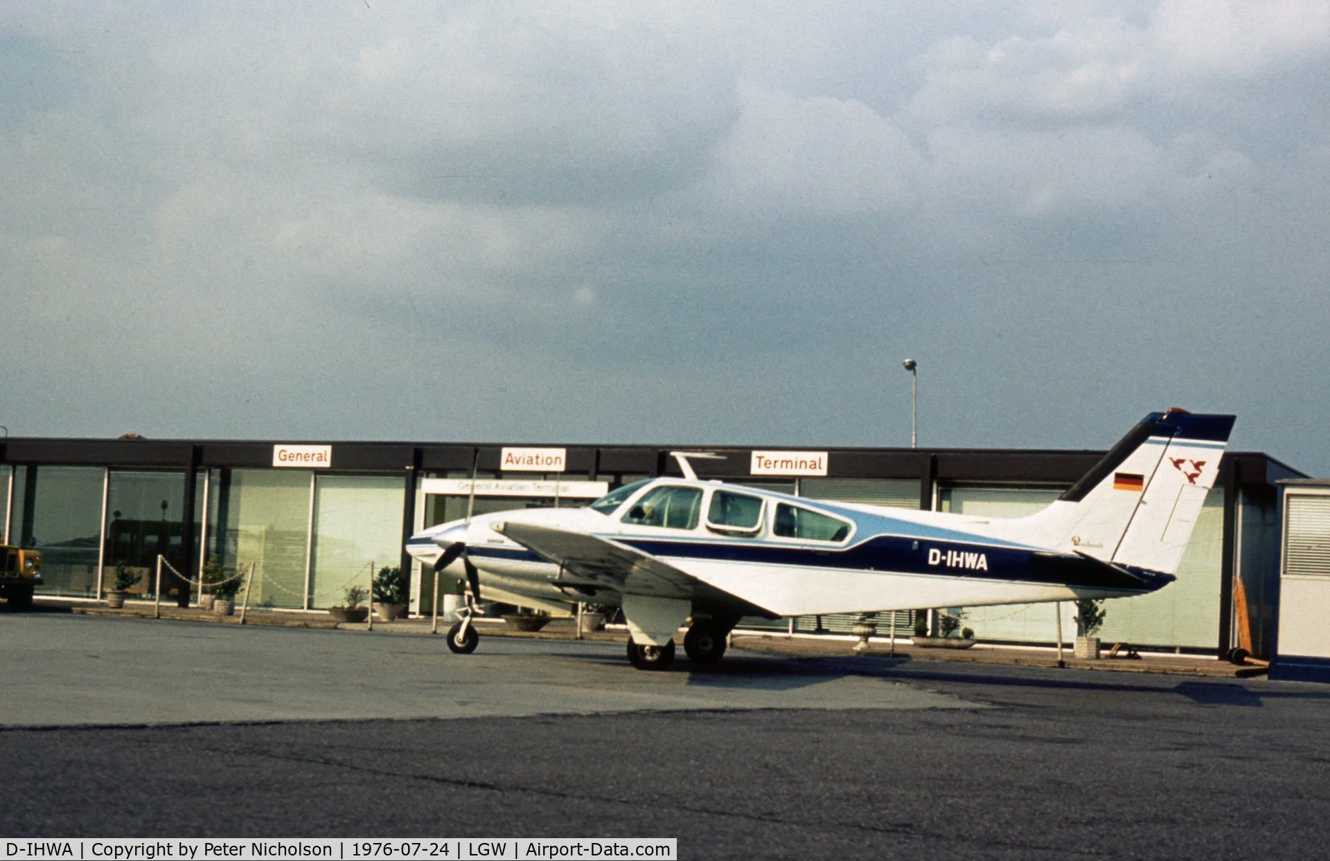 D-IHWA, 1974 Beech E-55 Baron Baron C/N TE-925, This Baron seen at London Gatwick in the Summer of 1976 was displayed at the 1974 Hannover Air Show.