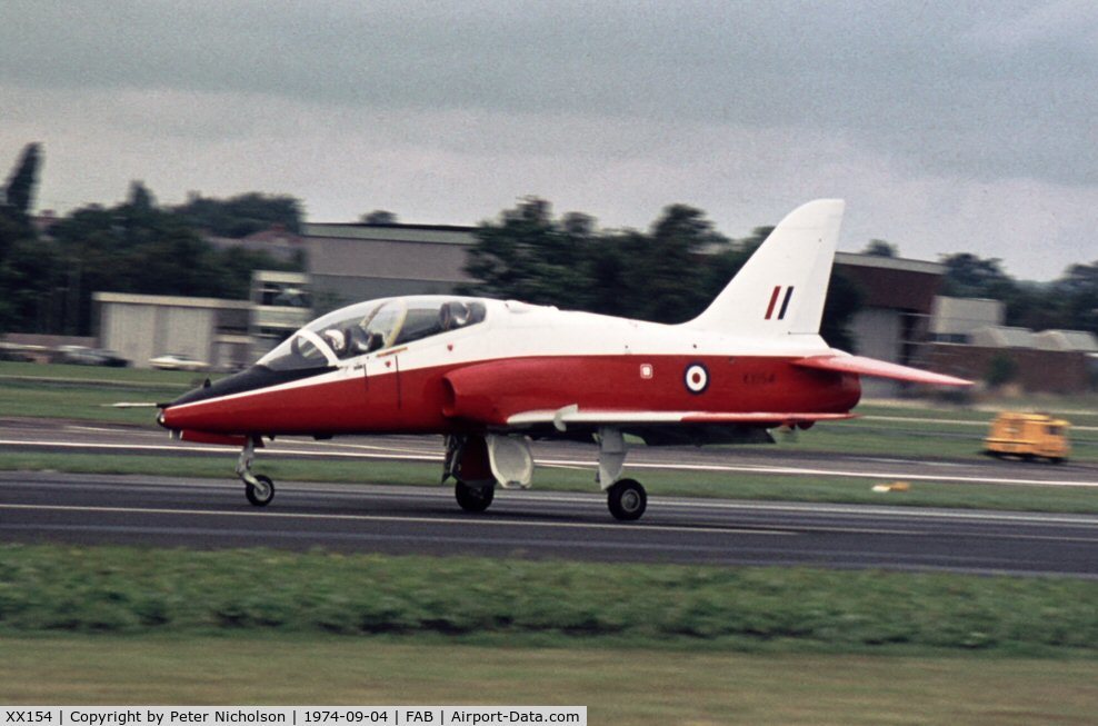 XX154, 1974 Hawker Siddeley Hawk T.1 C/N 001/312001, The first development Hawk T.1 was demonstrated by Hawker Siddeley at the 1974 Farnborough Airshow - the aircraft's first flight took place on August 21, 1974.