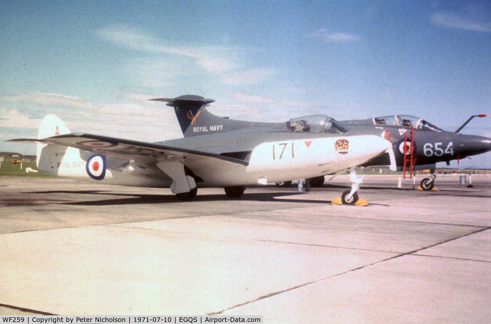 WF259, 1954 Hawker Sea Hawk F.2 C/N 5916, Sea Hawk F.2 at the 1971 RNAS Lossiemouth Open Day. The following year this aircraft was transferred to the Royal Scottish Museum at East Fortune where it still remains.
