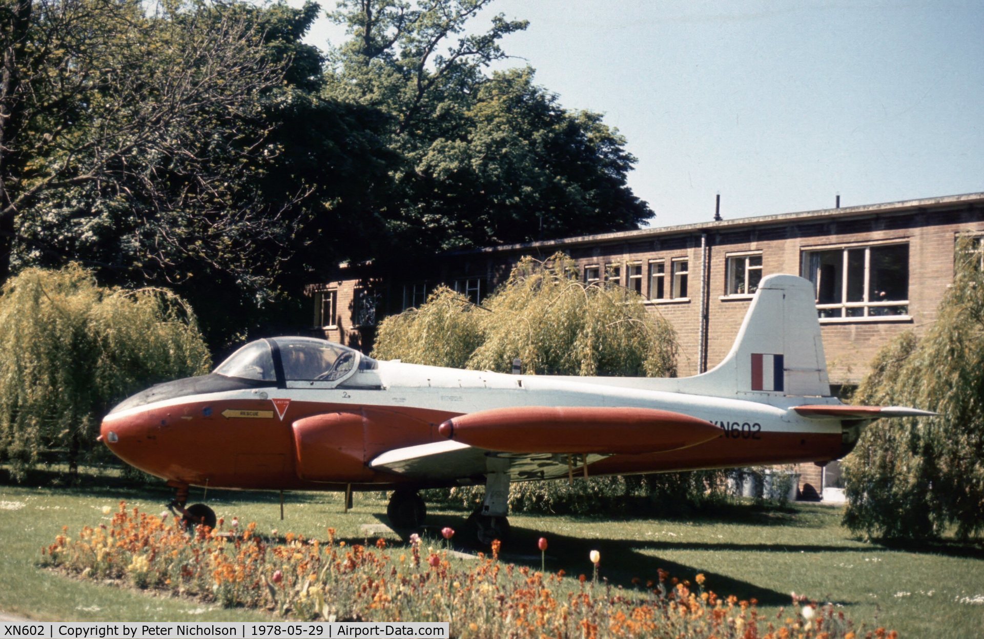 XN602, 1961 Hunting P-84 Jet Provost T.3 C/N PAC/W/13887, Jet Provost T.3 as gate guardian at RAF Brampton in the Summer of 1978.