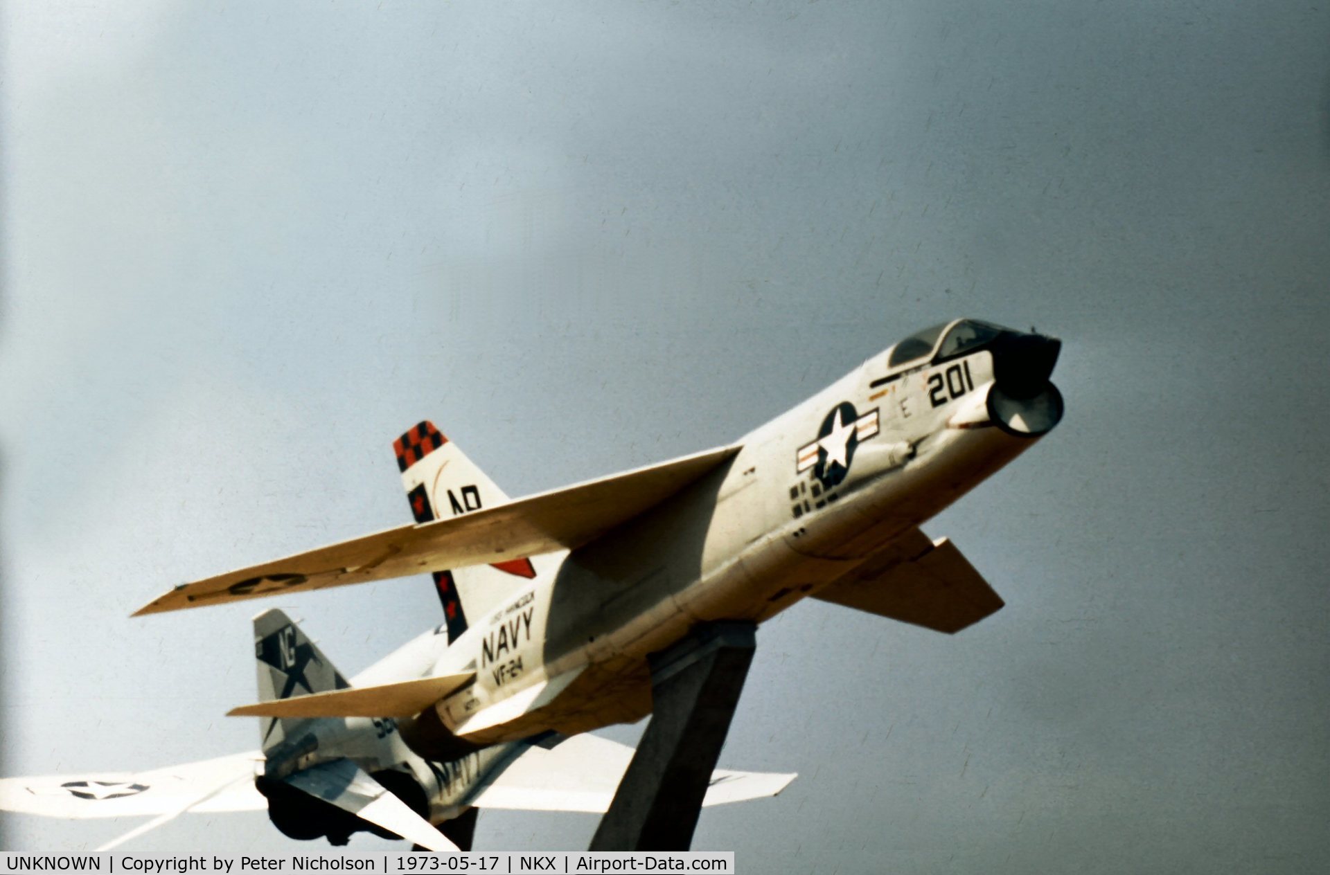 UNKNOWN, , This RF-8A Crusader was a gate guardian at NAS Miramar in 1973 - can anyone help with identity of this aircraft and the accompanying F-4 please.