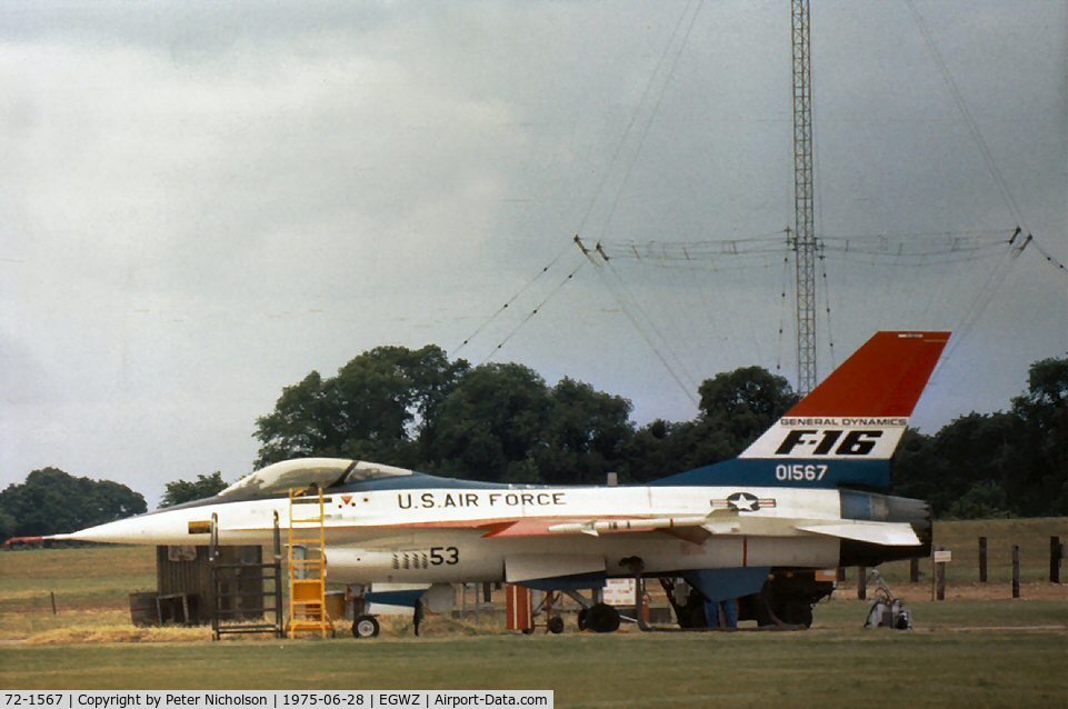 72-1567, General Dynamics YF-16A Fighting Falcon C/N 60-1, General Dynamics demonstrated the prototype YF-16 at the 1975 RAF Alconbury Open Day - the aircraft still bore the Paris Air Show number 53.