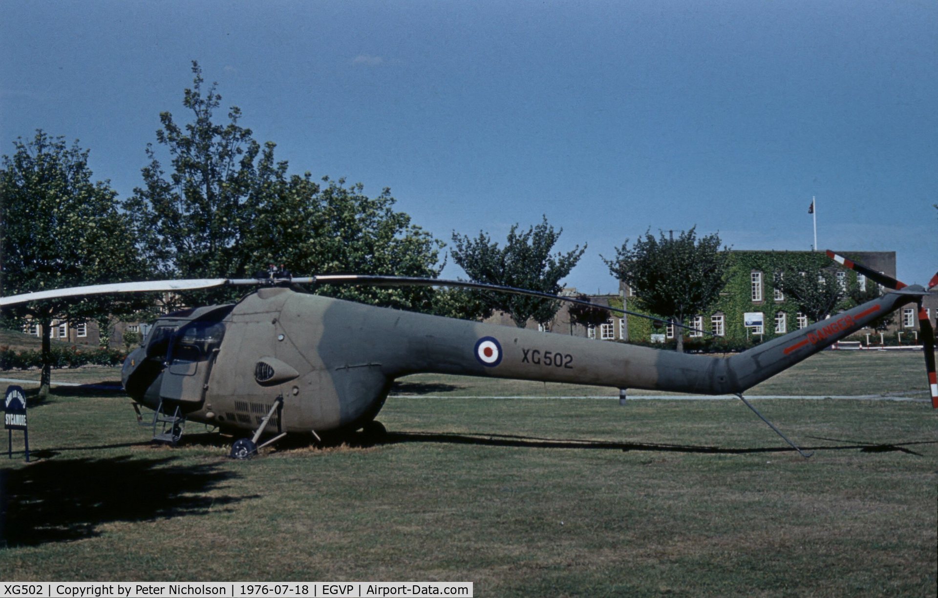 XG502, Bristol 171 Sycamore HR.14 C/N 13247, Sycamore HR.14 XG 502 as a gate guardian at the Army Air Corps base at Middle Wallop in the Summer of 1976.