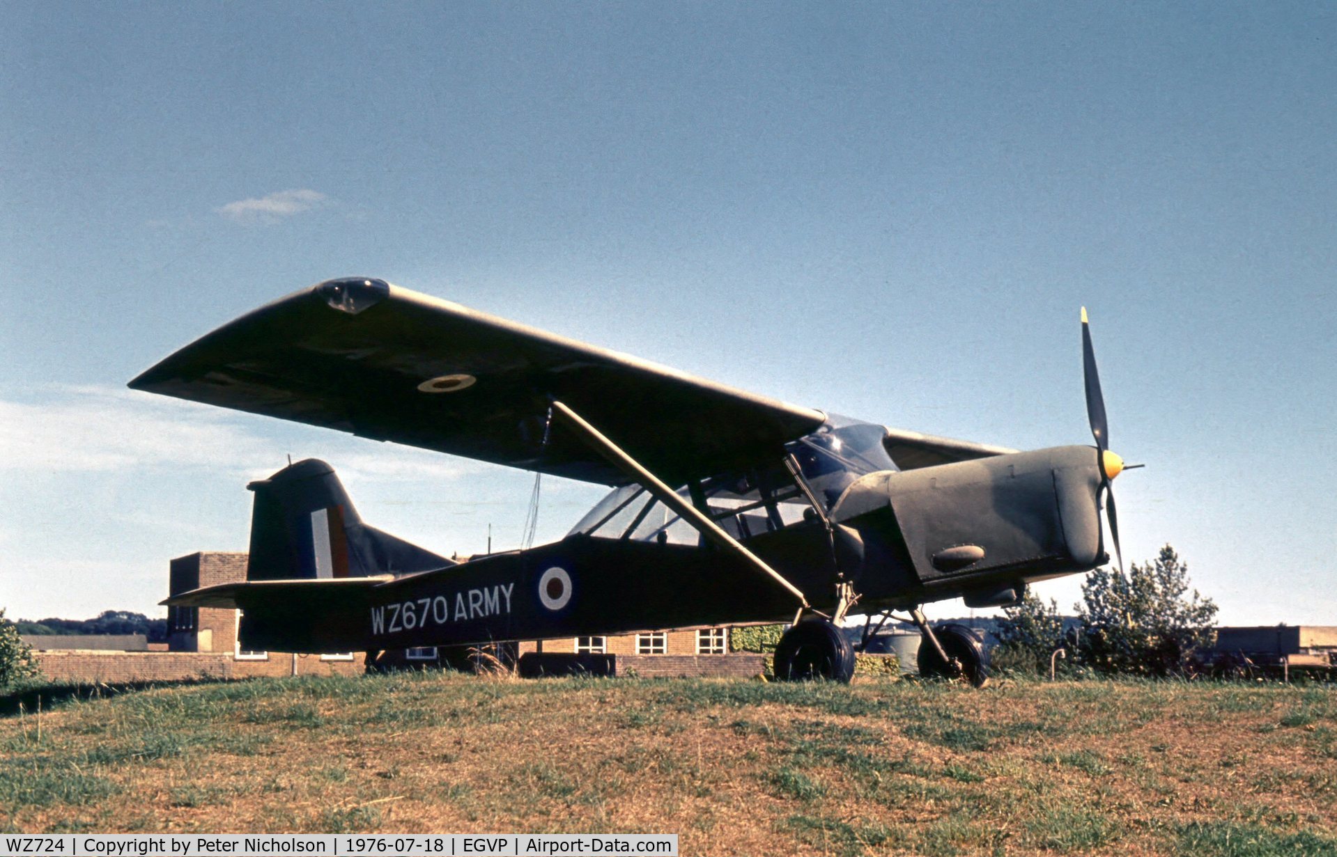 WZ724, 1955 Auster AOP.9 C/N B5/10/50, Whilst the serial borne by this Auster AOP.9 is WZ 670, the true identity is WZ 724 and was seen as gate guardian at the Army Air Corps base at Middle Wallop as such in the Summer of 1976.