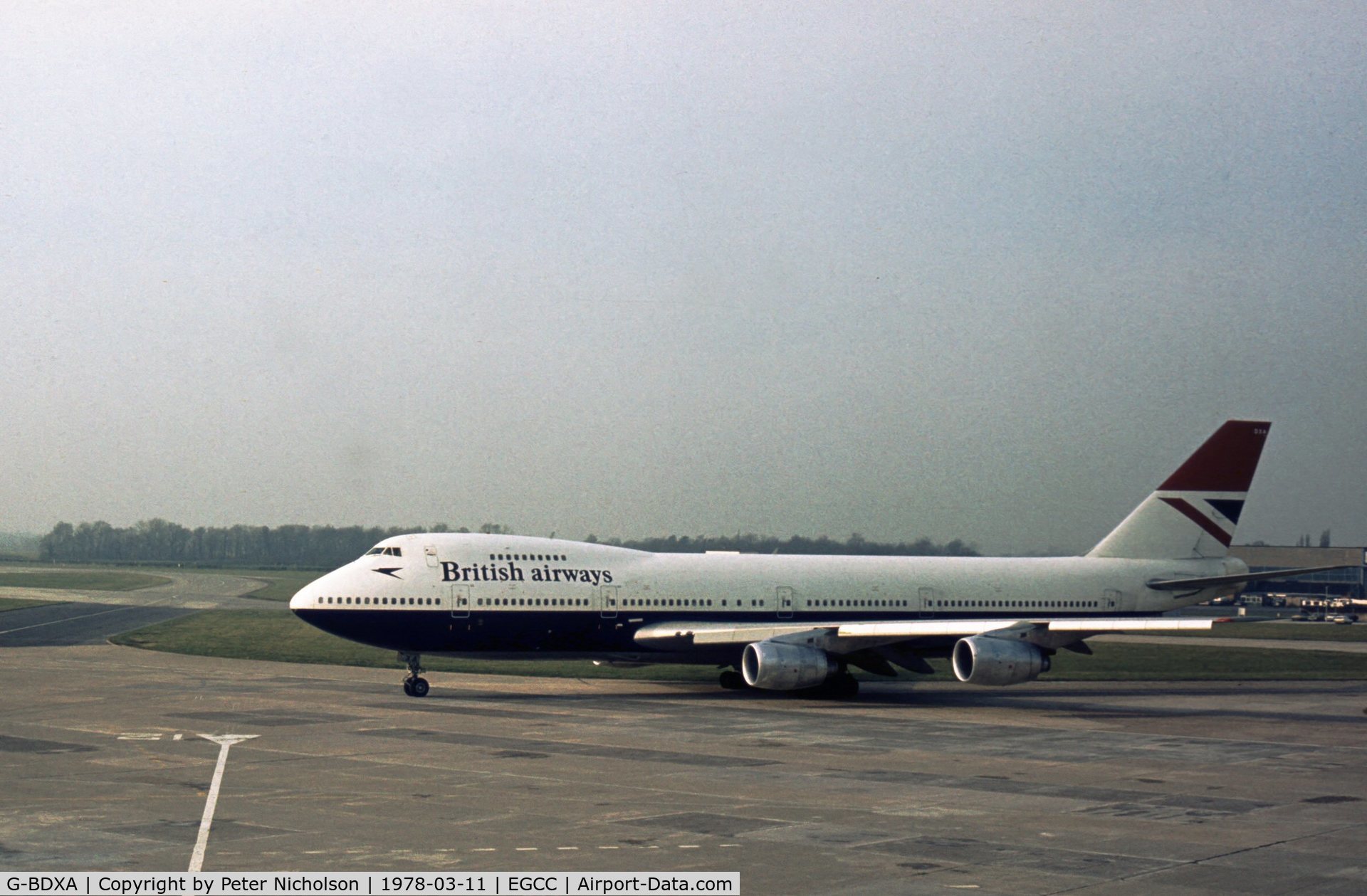 G-BDXA, 1977 Boeing 747-236B C/N 21238, British Airways flight departing Manchester in the Spring of 1978.